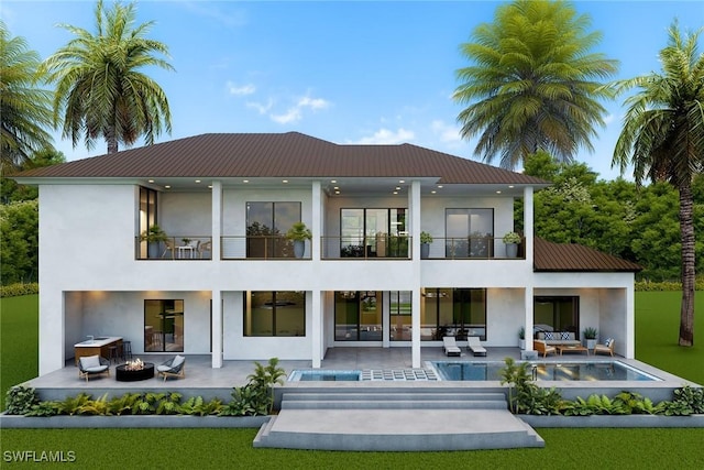 268 N Barfield Dr, Marco Island, FL 34145 - back of property featuring a balcony, an outdoor living space with a fire pit, stucco siding, a patio, and a lawn