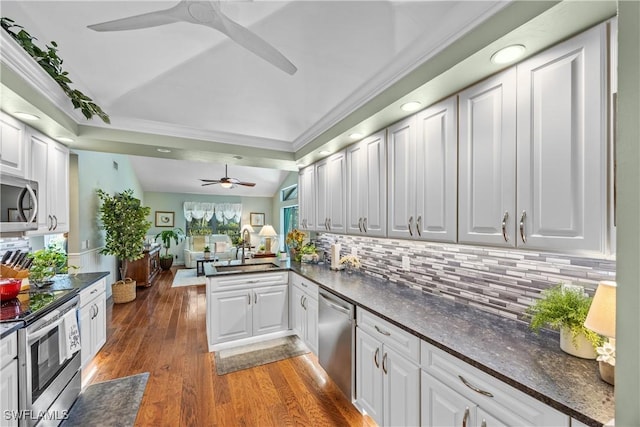 520 Raven Way, Naples, FL 34110 - kitchen with a ceiling fan, stainless steel appliances, a sink, dark countertops, and recessed lighting