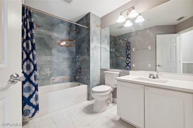 15873 Marcello Cir Unit 76, Naples, FL 34110 - bathroom featuring shower / bath combo with shower curtain, vanity, toilet, and marble look tile flooring