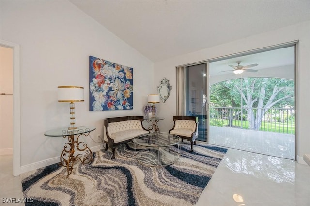 74 Silver Oaks Cir Unit 9-202, Naples, FL 34119 - living area featuring lofted ceiling, ceiling fan, and baseboards