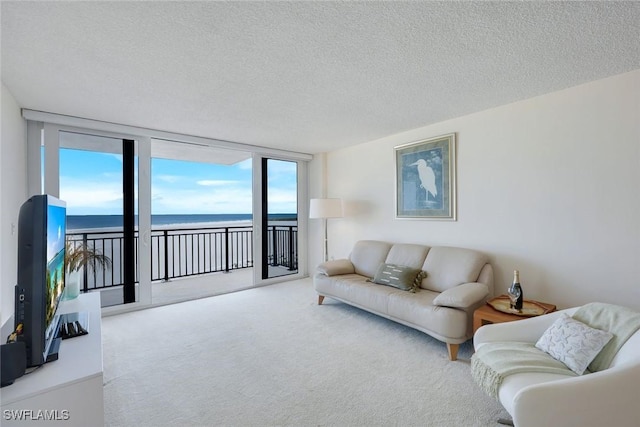 180 Seaview Ct Unit 607, Marco Island, FL 34145 - living room with a water view, carpet floors, and a textured ceiling