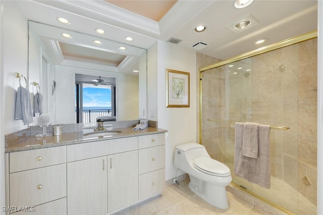 180 Seaview Ct Unit 607, Marco Island, FL 34145 - bathroom with recessed lighting, a stall shower, vanity, crown molding, and tile patterned floors