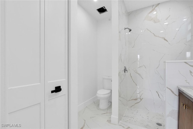 331 Naples Ave S, Lehigh Acres, FL 33974 - bathroom featuring marble look tile flooring, toilet, a marble finish shower, and vanity