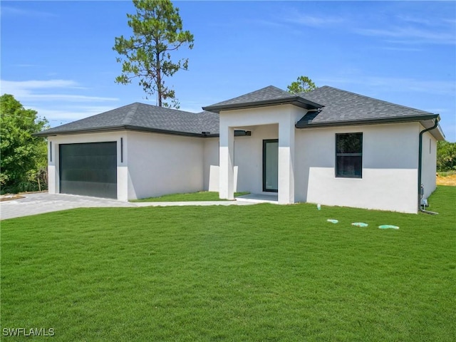 331 Naples Ave S, Lehigh Acres, FL 33974 - view of front of house featuring a garage, roof with shingles, stucco siding, and a front yard