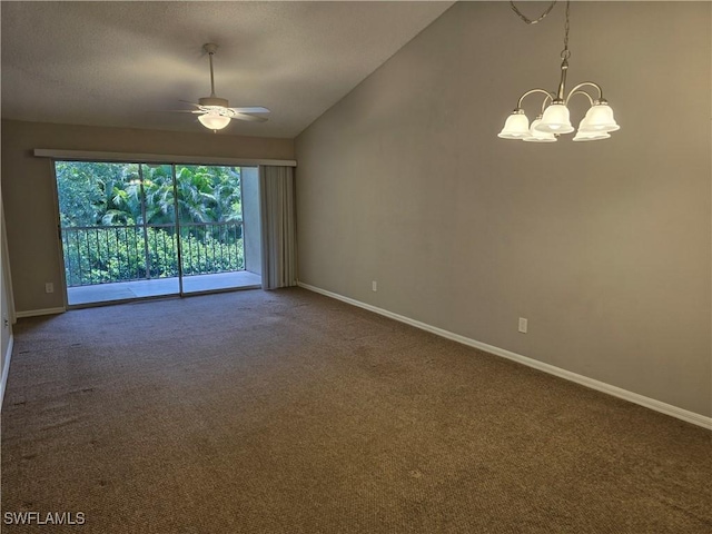 605 Squire Cir Unit 203, Naples, FL 34104 - unfurnished room with a chandelier, carpet, vaulted ceiling, and ceiling fan