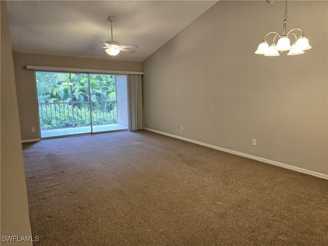 605 Squire Cir Unit 203, Naples, FL 34104 - spare room featuring carpet floors, ceiling fan, lofted ceiling, and a chandelier