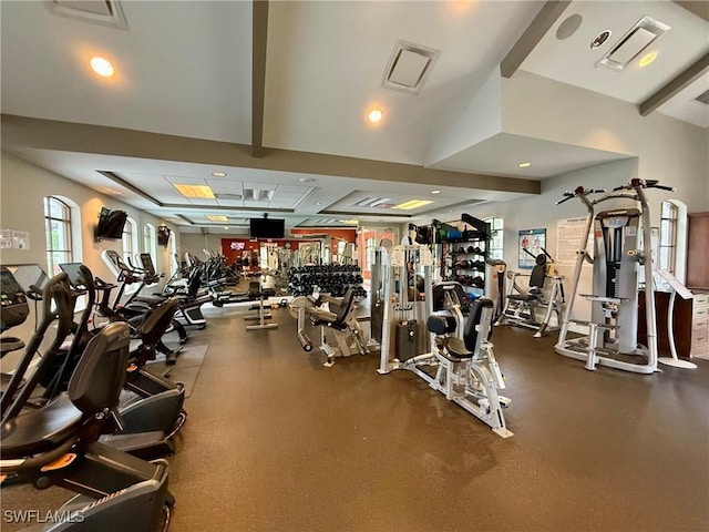 1940 Willow Bend Cir Unit 102, Naples, FL 34109 - gym with recessed lighting and beamed ceiling