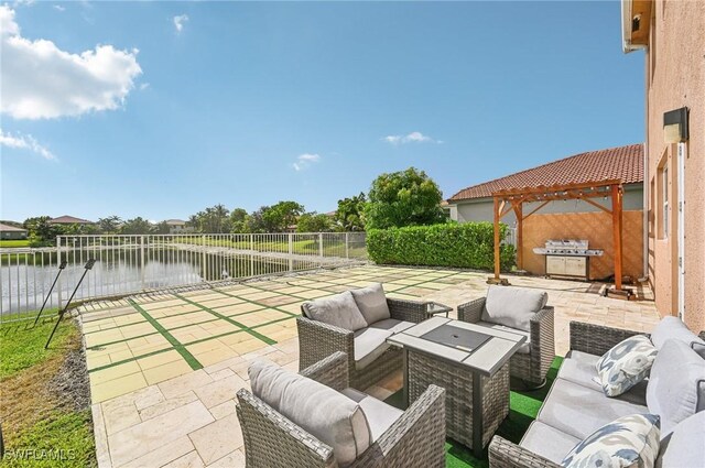 7082 Aliso Ave, West Palm Beach, FL 33413 - fenced backyard featuring outdoor lounge area, a water view, a patio, and area for grilling
