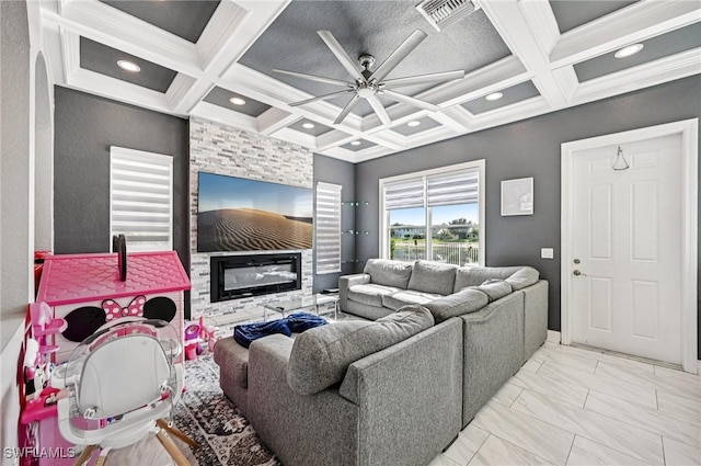 7082 Aliso Ave, West Palm Beach, FL 33413 - living area with coffered ceiling, a ceiling fan, beamed ceiling, recessed lighting, and marble finish floors