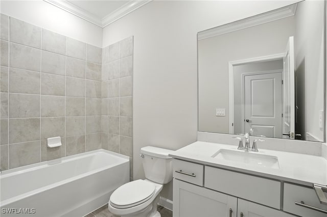 19270 Hinkley Dr, Estero, FL 33928 - bathroom featuring ornamental molding, vanity, and shower / tub combination