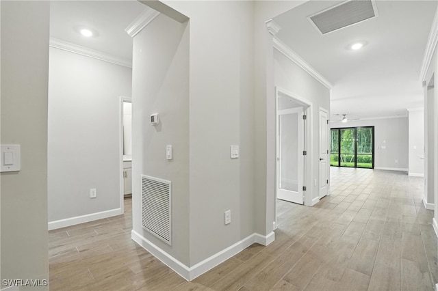 19270 Hinkley Dr, Estero, FL 33928 - hallway with ornamental molding, light wood-type flooring, and recessed lighting