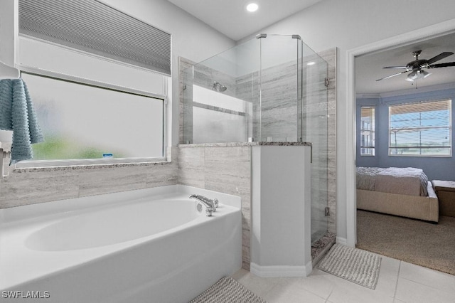 12455 Muddy Creek Ln, Fort Myers, FL 33913 - bathroom featuring ensuite bath, a stall shower, a garden tub, ceiling fan, and tile patterned floors