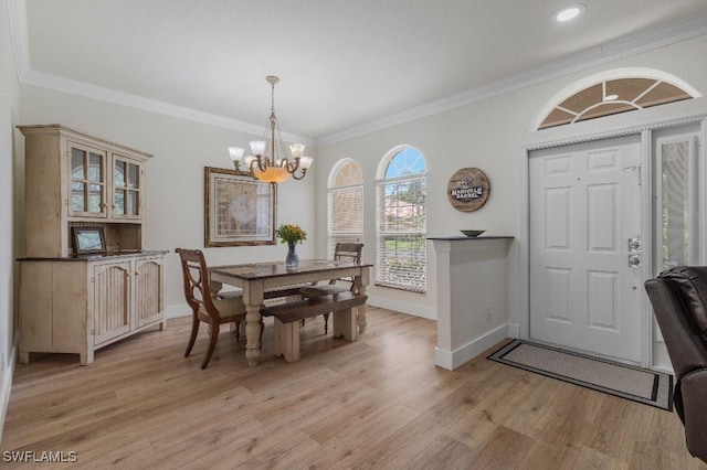 12455 Muddy Creek Ln, Fort Myers, FL 33913 - dining space with a chandelier, light wood-style floors, baseboards, crown molding, and recessed lighting
