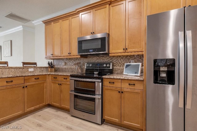12455 Muddy Creek Ln, Fort Myers, FL 33913 - kitchen with stainless steel appliances, ornamental molding, light wood finished floors, light stone counters, and tasteful backsplash