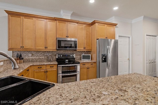 12455 Muddy Creek Ln, Fort Myers, FL 33913 - kitchen with stainless steel appliances, a sink, crown molding, decorative backsplash, and light stone countertops