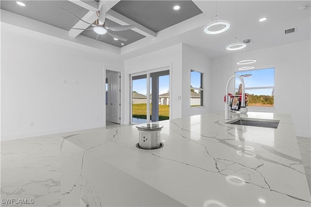 837 Grant Blvd, Lehigh Acres, FL 33974 - spare room featuring a sink, coffered ceiling, recessed lighting, marble finish floors, and a ceiling fan
