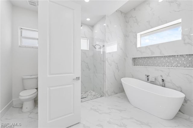 837 Grant Blvd, Lehigh Acres, FL 33974 - bathroom with marble tiled flooring, a marble finish shower, a freestanding tub, toilet, and recessed lighting