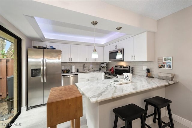 5249 Cedarbend Dr Unit 2, Fort Myers, FL 33919 - kitchen featuring stainless steel appliances, a peninsula, a tray ceiling, and white cabinets