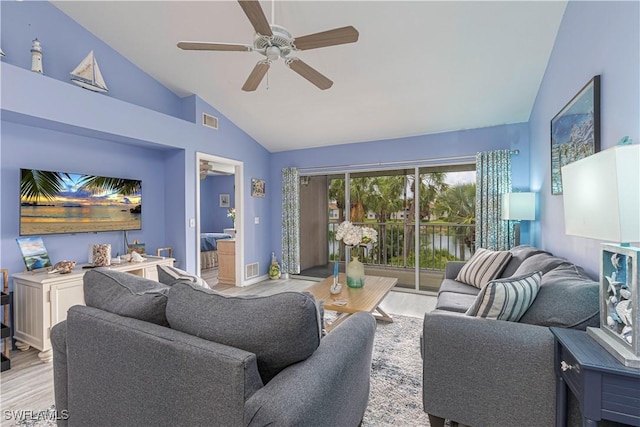 164 Belina Dr E Unit 4, Naples, FL 34104 - living room with wood finished floors, a ceiling fan, and high vaulted ceiling
