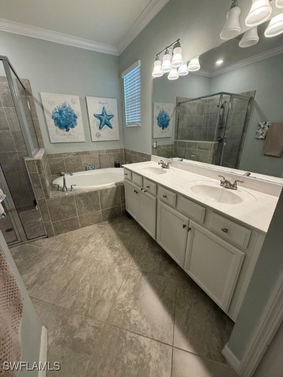 16249 Bonita Landing Cir, Bonita Springs, FL 34135 - bathroom featuring a stall shower, double vanity, a bath, ornamental molding, and tile patterned flooring