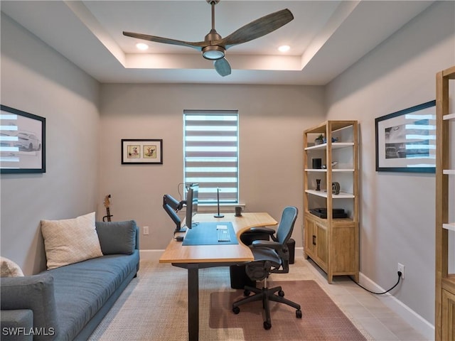 19449 The Place Blvd, Estero, FL 33928 - office area with ceiling fan, a raised ceiling, and baseboards