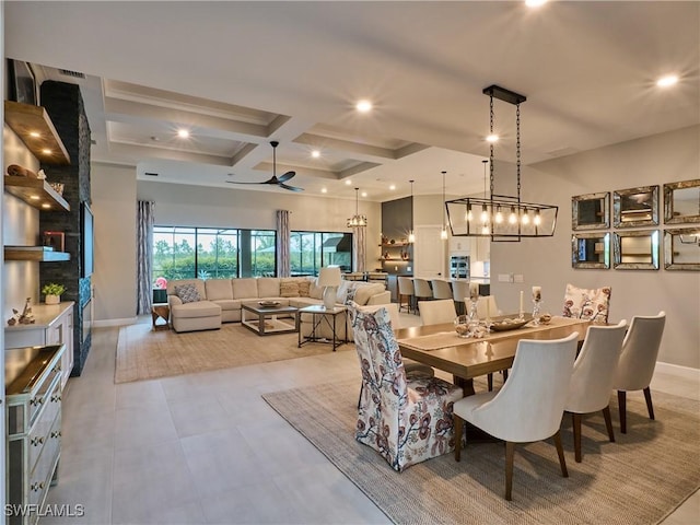 19449 The Place Blvd, Estero, FL 33928 - dining room featuring coffered ceiling, baseboards, beam ceiling, a ceiling fan, and recessed lighting