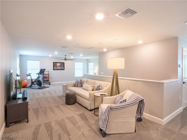 19449 The Place Blvd, Estero, FL 33928 - living area featuring light carpet, baseboards, recessed lighting, and a ceiling fan