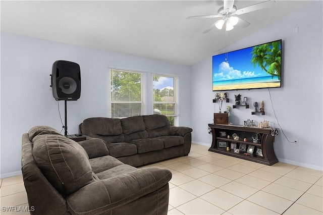 866 Carbon St E, Lehigh Acres, FL 33974 - living area with light tile patterned floors, a ceiling fan, lofted ceiling, and baseboards