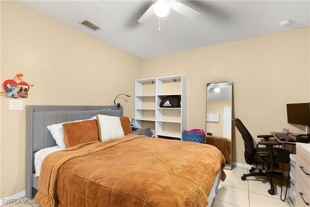 866 Carbon St E, Lehigh Acres, FL 33974 - bedroom featuring an office area, light tile patterned floors, a ceiling fan, and baseboards