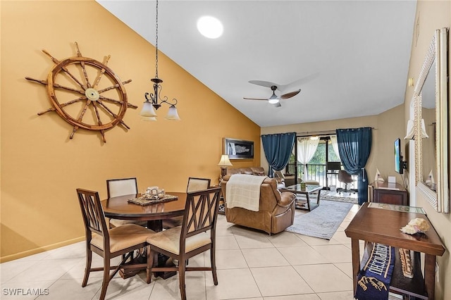 16276 Nautical Way Unit 1402, Bokeelia, FL 33922 - dining space with a ceiling fan, light tile patterned floors, and high vaulted ceiling