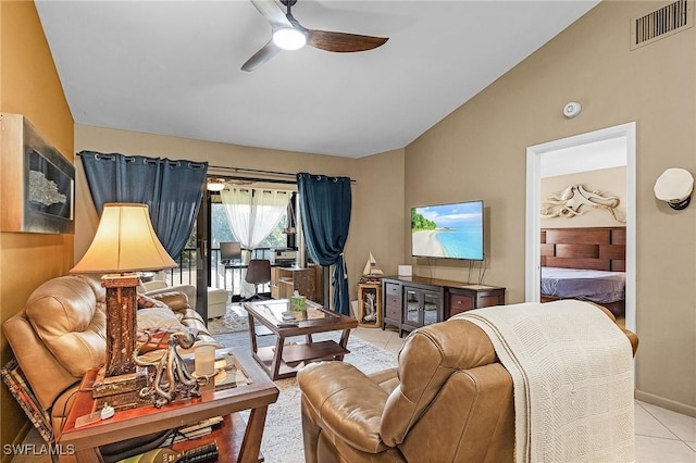 16276 Nautical Way Unit 1402, Bokeelia, FL 33922 - tiled living area featuring lofted ceiling and a ceiling fan