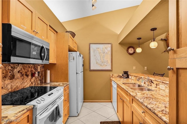 16276 Nautical Way Unit 1402, Bokeelia, FL 33922 - kitchen featuring white appliances, tasteful backsplash, light tile patterned floors, light stone countertops, and pendant lighting