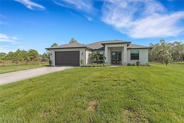 4119 43rd Ave NE, Naples, FL 34120 - prairie-style home with stucco siding, a garage, a front yard, and concrete driveway