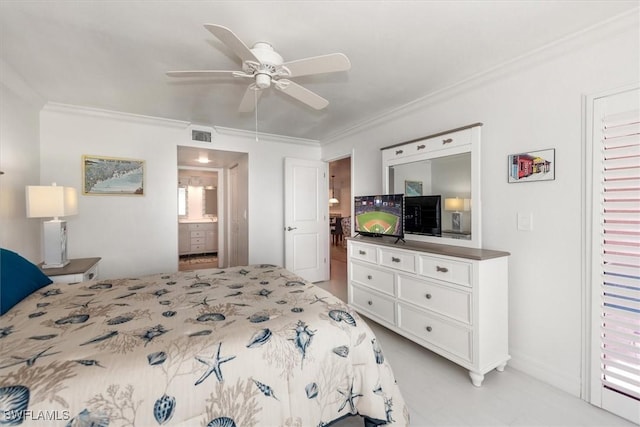 12541 Kelly Sands Way Unit 19, Fort Myers, FL 33908 - bedroom featuring crown molding, ensuite bath, and a ceiling fan