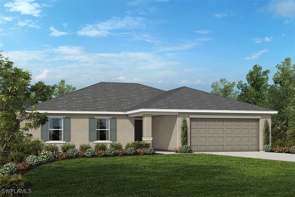 17394 Gulf Preserve Dr, Fort Myers, FL 33908 - ranch-style house featuring driveway, a garage, a front lawn, stucco siding, and roof with shingles