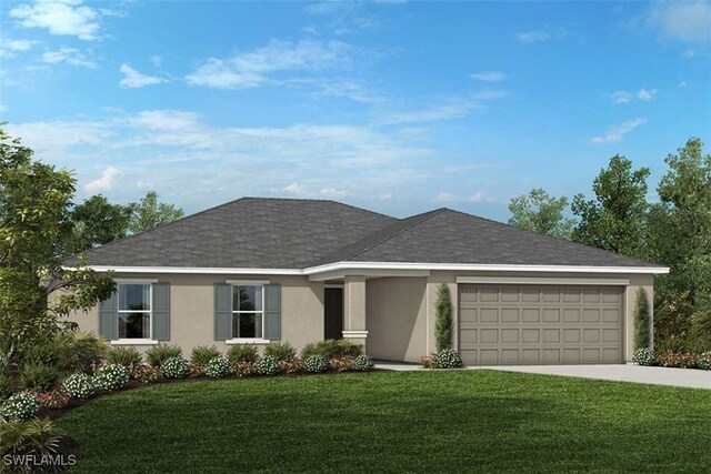 17394 Gulf Preserve Dr, Fort Myers, FL 33908 - ranch-style house featuring driveway, a garage, a front lawn, stucco siding, and roof with shingles