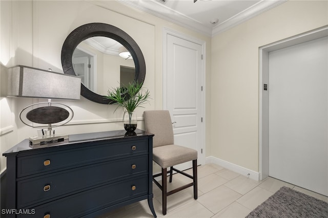 16382 Viansa Way Unit 3-202, Naples, FL 34110 - bathroom with ornamental molding, vanity, elevator, tile patterned flooring, and baseboards