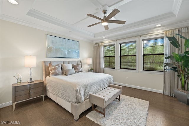 16382 Viansa Way Unit 3-202, Naples, FL 34110 - bedroom with a tray ceiling, crown molding, baseboards, dark wood finished floors, and recessed lighting