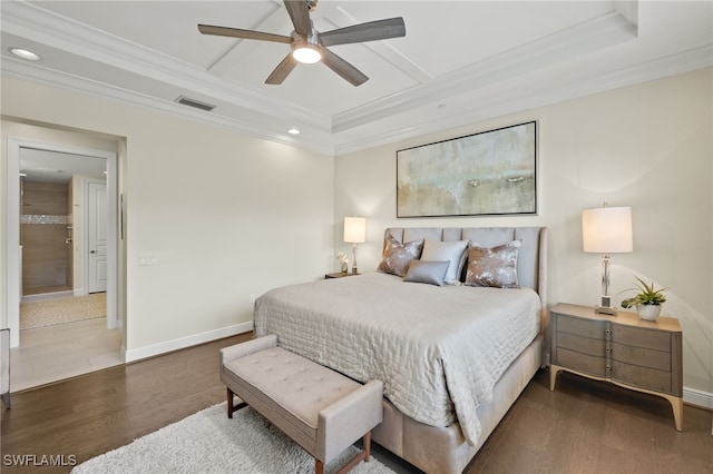 16382 Viansa Way Unit 3-202, Naples, FL 34110 - bedroom featuring recessed lighting, ornamental molding, dark wood-style floors, baseboards, and coffered ceiling