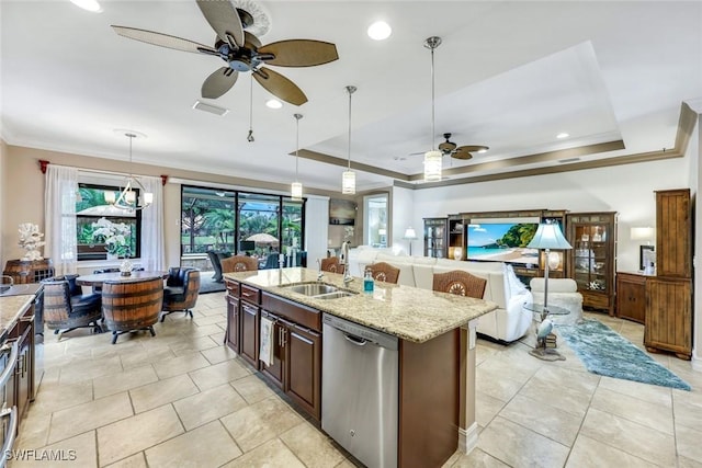 11177 Monte Carlo Blvd, Bonita Springs, FL 34135 - kitchen with dishwasher, ceiling fan, a tray ceiling, crown molding, and open floor plan