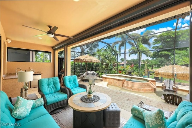 11177 Monte Carlo Blvd, Bonita Springs, FL 34135 - view of patio featuring an outdoor hangout area, an in-ground hot tub, a ceiling fan, and a lanai
