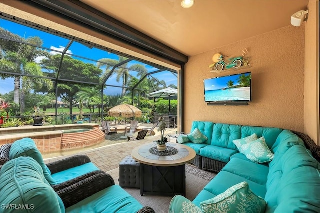 11177 Monte Carlo Blvd, Bonita Springs, FL 34135 - view of patio / terrace featuring an in-ground hot tub, an outdoor living space, and glass enclosure
