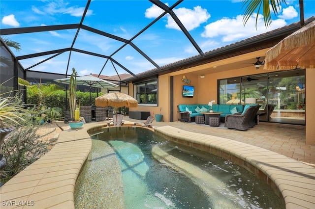 11177 Monte Carlo Blvd, Bonita Springs, FL 34135 - swimming pool featuring an outdoor living space, a patio, ceiling fan, and a lanai