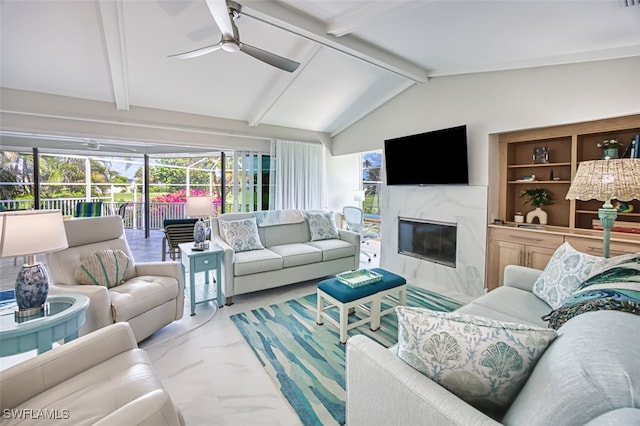 1226 Par View Dr, Sanibel, FL 33957 - living area featuring ceiling fan, a high end fireplace, and marble finish floors