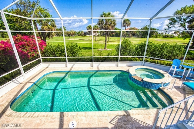 1226 Par View Dr, Sanibel, FL 33957 - view of pool featuring glass enclosure, a patio, and a pool with connected hot tub