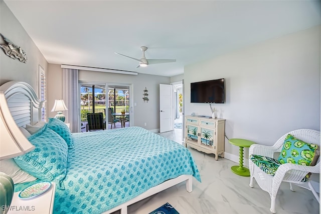 1226 Par View Dr, Sanibel, FL 33957 - bedroom with access to exterior, baseboards, a ceiling fan, and marble finish flooring