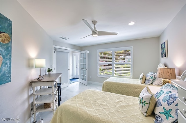 1226 Par View Dr, Sanibel, FL 33957 - bedroom featuring french doors, a ceiling fan, baseboards, and recessed lighting