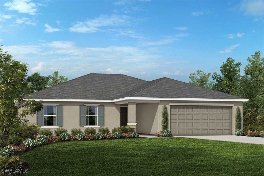 17406 Gulf Preserve Dr, Fort Myers, FL 33908 - ranch-style house featuring driveway, a garage, a front lawn, stucco siding, and roof with shingles