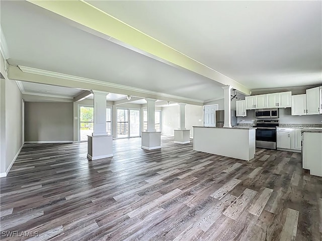 93 E Mariana Ave, North Fort Myers, FL 33917 - kitchen with decorative columns, open floor plan, stainless steel appliances, crown molding, and dark wood-style flooring