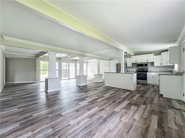 93 E Mariana Ave, North Fort Myers, FL 33917 - kitchen featuring open floor plan, decorative columns, stainless steel appliances, crown molding, and dark wood-type flooring
